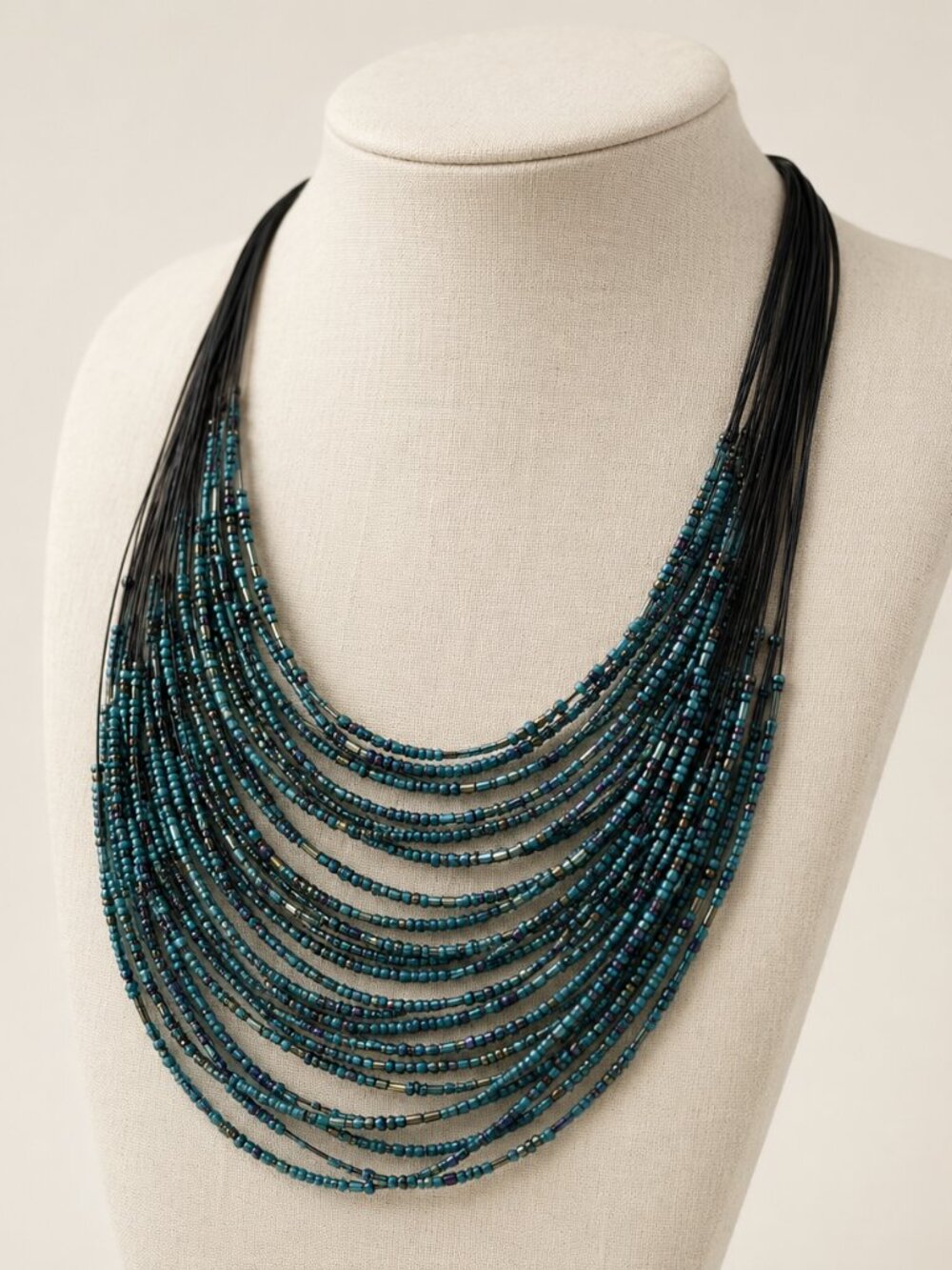 Teal Multistrand Seed Bead Necklace Earrings Jewelry Set